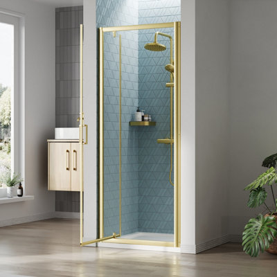 Ruwa 6mm Toughened Safety Glass Reversible Pivot Shower Door - 1900 x 800mm - Brushed Brass - Balterley - 4