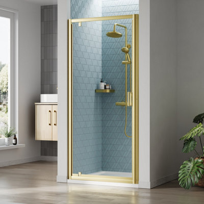 Ruwa 6mm Toughened Safety Glass Reversible Pivot Shower Door - 1900 x 900mm - Brushed Brass - Balterley
