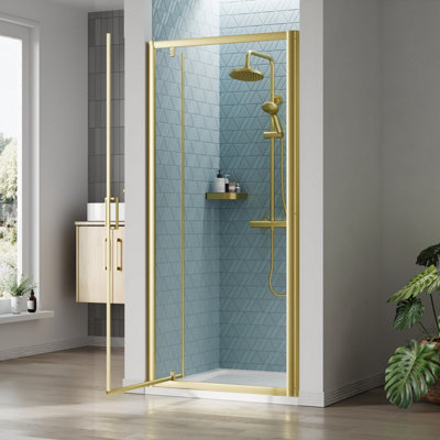 Ruwa 6mm Toughened Safety Glass Reversible Pivot Shower Door - 1900 x 900mm - Brushed Brass - Balterley - 3