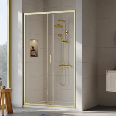 Ruwa 6mm Toughened Safety Glass Sliding Shower Door - 1900 x 1200mm - Brushed Brass - Balterley - 3