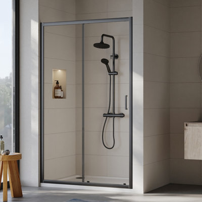 Ruwa 6mm Toughened Safety Glass Sliding Shower Door - 1900 x 1200mm - Matt Black - Balterley
