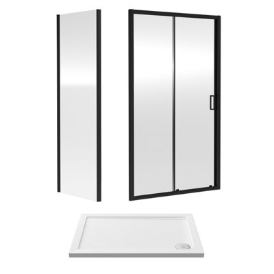 Ruwa 6mm Toughened Safety Glass Sliding Shower Door, Side Panel and Shower Tray - 1000 x 700 x 1900mm - Matt Black/White