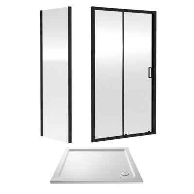 Ruwa 6mm Toughened Safety Glass Sliding Shower Door, Side Panel and Shower Tray - 1000 x 760 x 1900mm - Matt Black/White