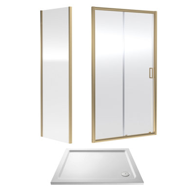 Ruwa 6mm Toughened Safety Glass Sliding Shower Door, Side Panel and Shower Tray - 1000 x 900 x 1900mm - Brushed Brass/White