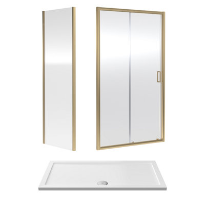 Ruwa 6mm Toughened Safety Glass Sliding Shower Door, Side Panel and Shower Tray - 1400 x 700 x 1900mm - Brushed Brass/White