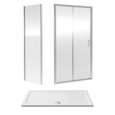 Ruwa 6mm Toughened Safety Glass Sliding Shower Door, Side Panel and Shower Tray - 1400 x 700 x 1900mm - Chrome/White - Balterely