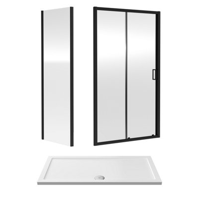 Ruwa 6mm Toughened Safety Glass Sliding Shower Door, Side Panel and Shower Tray - 1400 x 700 x 1900mm - Matt Black/White