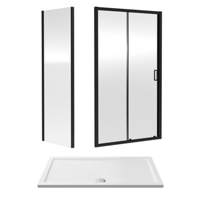 Ruwa 6mm Toughened Safety Glass Sliding Shower Door, Side Panel and Shower Tray - 1400 x 760 x 1900mm - Matt Black/White