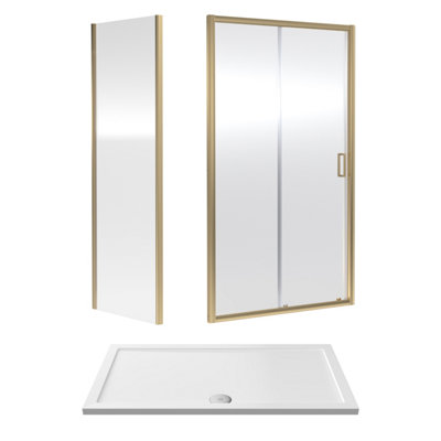 Ruwa 6mm Toughened Safety Glass Sliding Shower Door, Side Panel and Shower Tray - 1400 x 800 x 1900mm - Brushed Brass/White