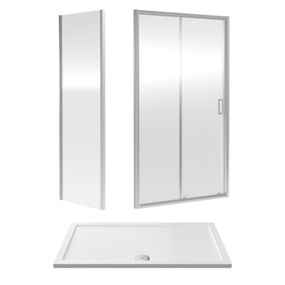 Ruwa 6mm Toughened Safety Glass Sliding Shower Door, Side Panel and Shower Tray - 1400 x 800 x 1900mm - Chrome/White - Balterely