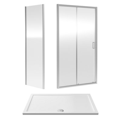 Ruwa 6mm Toughened Safety Glass Sliding Shower Door, Side Panel and Shower Tray - 1400 x 900 x 1900mm - Chrome/White - Balterely