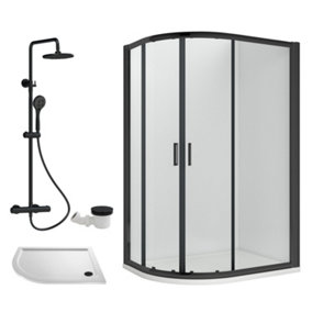 Ruwa Shower Enclosure Bundle - Offset Left Quadrant, Tray, Round Shower & Waste - White/Black - 1000mm x 800mm - Balterley