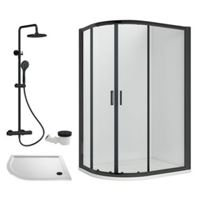 Ruwa Shower Enclosure Bundle - Offset Left Quadrant, Tray, Round Shower & Waste - White/Black - 1200mm x 800mm - Balterley