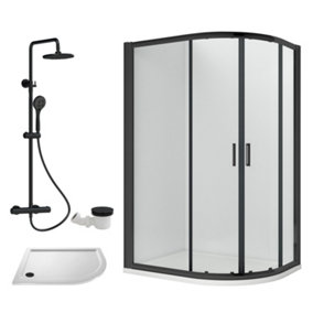 Ruwa Shower Enclosure Bundle - Offset Right Quadrant, Tray, Round Shower & Waste - White/Black - 1000mm x 800mm - Balterley
