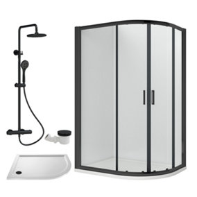 Ruwa Shower Enclosure Bundle - Offset Right Quadrant, Tray, Round Shower & Waste - White/Black - 1200mm x 800mm - Balterley