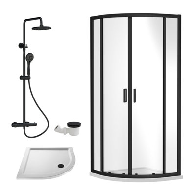 Ruwa Shower Enclosure Bundle - Quadrant Enclosure, Tray, Round Shower Kit & Waste - White/Black- 800mm - Balterley