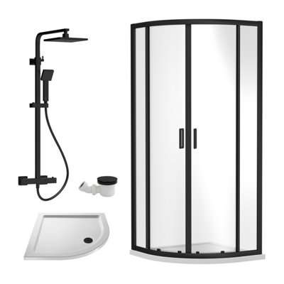 Ruwa Shower Enclosure Bundle - Quadrant Enclosure, Tray, Square Shower Kit & Waste - White/Black - 800mm - Balterley