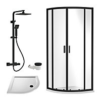 Ruwa Shower Enclosure Bundle - Quadrant Enclosure, Tray, Square Shower Kit & Waste - White/Black - 900mm - Balterley