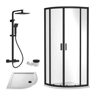 Ruwa Shower Enclosure Bundle - Quadrant Enclosure, Tray, Square Shower Kit & Waste - White/Black - 900mm - Balterley