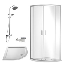 Ruwa Shower Enclosure Bundle with Quadrant Enclosure, Tray, Round Shower Kit & Waste - White/Chrome - 800mm - Balterley