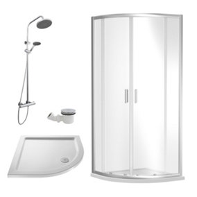 Ruwa Shower Enclosure Bundle with Quadrant Enclosure, Tray, Round Shower Kit & Waste - White/Chrome - 900mm - Balterley