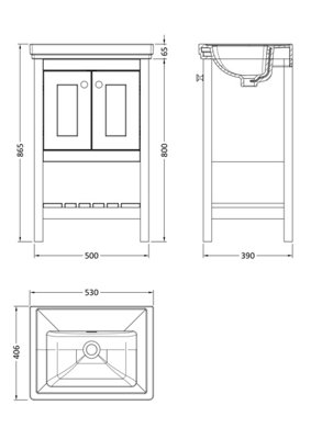 Rye Traditional Furniture Floor Standing 2 Door Vanity & 0 Tap Hole Fireclay Basin, 500mm, Pure White - Balterley