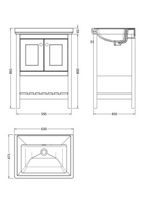 Rye Traditional Furniture Floor Standing 2 Door Vanity & 0 Tap Hole Fireclay Basin, 600mm, Cool Grey - Balterley