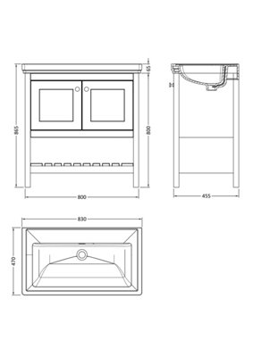 Rye Traditional Furniture Floor Standing 2 Door Vanity & 0 Tap Hole Fireclay Basin, 800mm, Pure White - Balterley