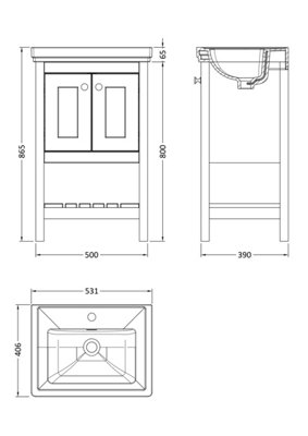 Rye Traditional Furniture Floor Standing 2 Door Vanity & 1 Tap Hole Fireclay Basin, 500mm, Pure White - Balterley