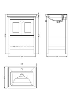 Rye Traditional Furniture Floor Standing 2 Door Vanity & 1 Tap Hole Fireclay Basin, 600mm, Cool Grey - Balterley