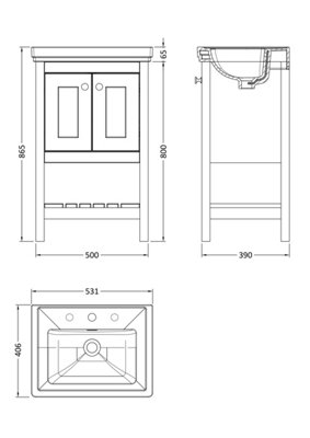 Rye Traditional Furniture Floor Standing 2 Door Vanity & 3 Tap Hole Fireclay Basin, 500mm, Pure White - Balterley
