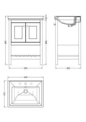 Rye Traditional Furniture Floor Standing 2 Door Vanity & 3 Tap Hole Fireclay Basin, 600mm, Cool Grey - Balterley