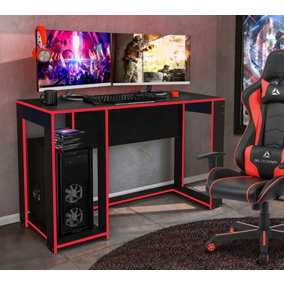 Ryker Gaming Desk Office Computer Table Workstation Black  Red Trim Gamer Tower Shelf
