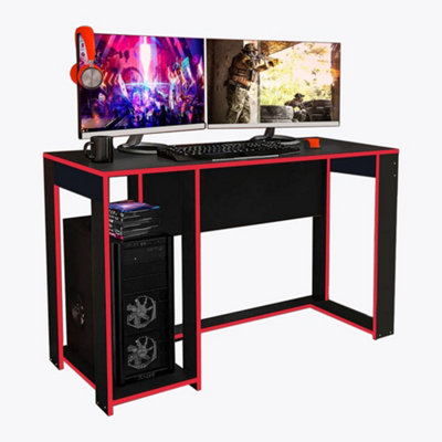 Ryker Gaming Desk Office Computer Table Workstation Black Red Trim Gamer Tower Shelf