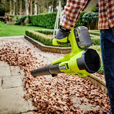 Person using a Ryobi leaf blower to clear away autumn leaves.