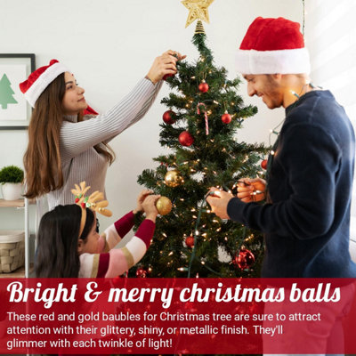 SA Products 108 Pieces Christmas Tree Baubles Set - Assorted Gold & Red Christmas Decorations - Shatterproof Hanging Ornaments - 4