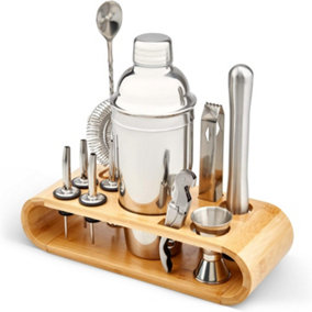 SA Products 12 Piece Cocktail Shaker Set - Stainless Steel Cocktail Accessories - Bamboo Display Stand