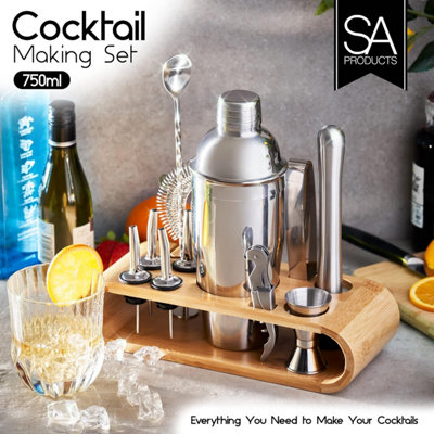SA Products 12 Piece Cocktail Shaker Set - Stainless Steel Cocktail Accessories - Bamboo Display Stand