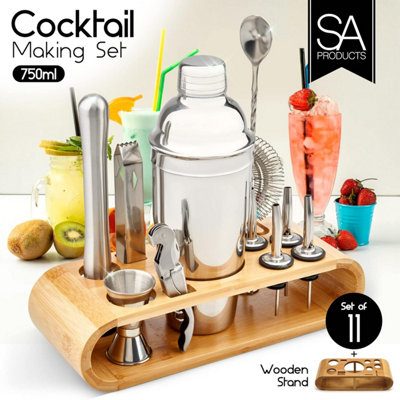 SA Products 12 Piece Cocktail Shaker Set - Stainless Steel Cocktail Accessories - Bamboo Display Stand