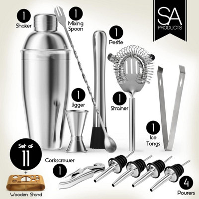 SA Products 12 Piece Cocktail Shaker Set - Stainless Steel Cocktail Accessories - Bamboo Display Stand - 4