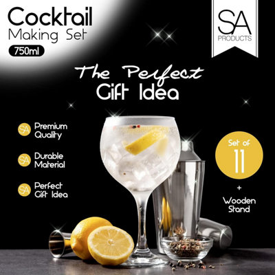 SA Products 12 Piece Cocktail Shaker Set - Stainless Steel Cocktail Accessories - Bamboo Display Stand - 5