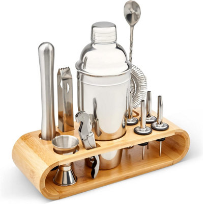 SA Products 12 Piece Cocktail Shaker Set - Stainless Steel Cocktail Accessories - Bamboo Display Stand - 6