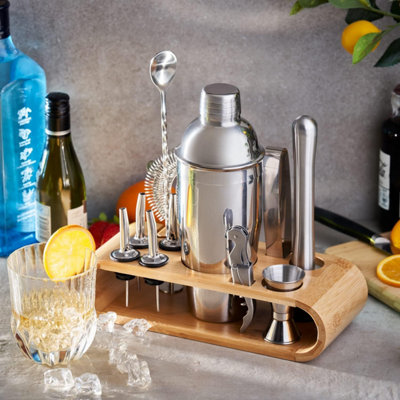 Oak & Steel Kit Shaker à Cocktail 13 Pièces Professionnel Avec Support Bois Et Livre De Recettes
