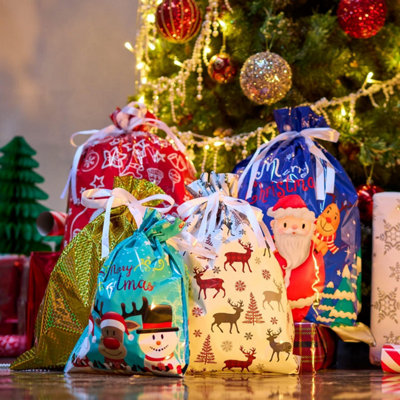 SA Products 15 Christmas Drawstring Gift Bags With Tags 2.5mil Thick Foil Material 4 Small