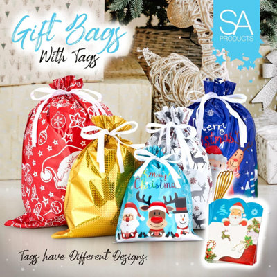 SA Products 15 Christmas Drawstring Gift Bags With Tags 2.5mil Thick Foil Material 4 Small 4 Medium 4 Large 3 XL Pouches