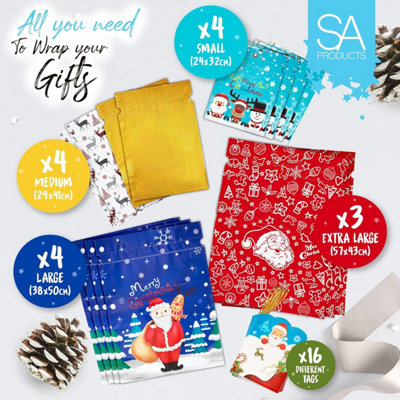 SA Products 15 Christmas Drawstring Gift Bags With Tags 2.5mil Thick Foil Material 4 Small