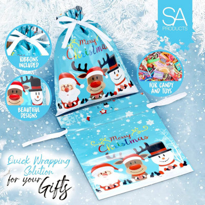 SA Products 15 Christmas Drawstring Gift Bags With Tags - 2.5mil Thick Foil Material - 4 Small, 4 Medium, 4 Large, 3 XL Pouches