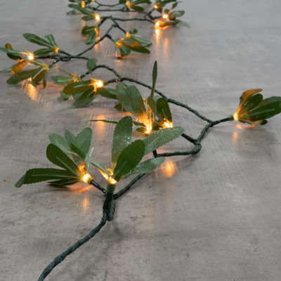 SA Products 25 LED Olive Garland - Green Leaf Bedroom Decor - Fairy Wreath Vines String Lights Decorations - 7