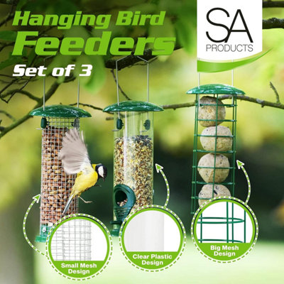 SA Products 3-Pack Metal Bird Feeder - Squirrel-Proof Hanging Bird Feeder Station - Wild Bird Feeders for Nuts, Seeds, Fat Balls