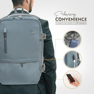 SA Products 40x20x25 Cabin Bag Carry On Bag Cabin Backpack with USB Port Trolley Sleeve for